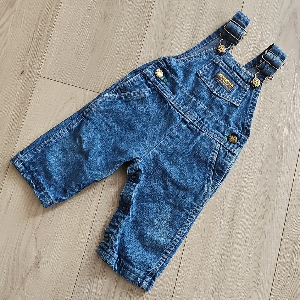 Vintage OshKosh Bgosh Green Stitch Classic Blue Denim Overalls, 9 months